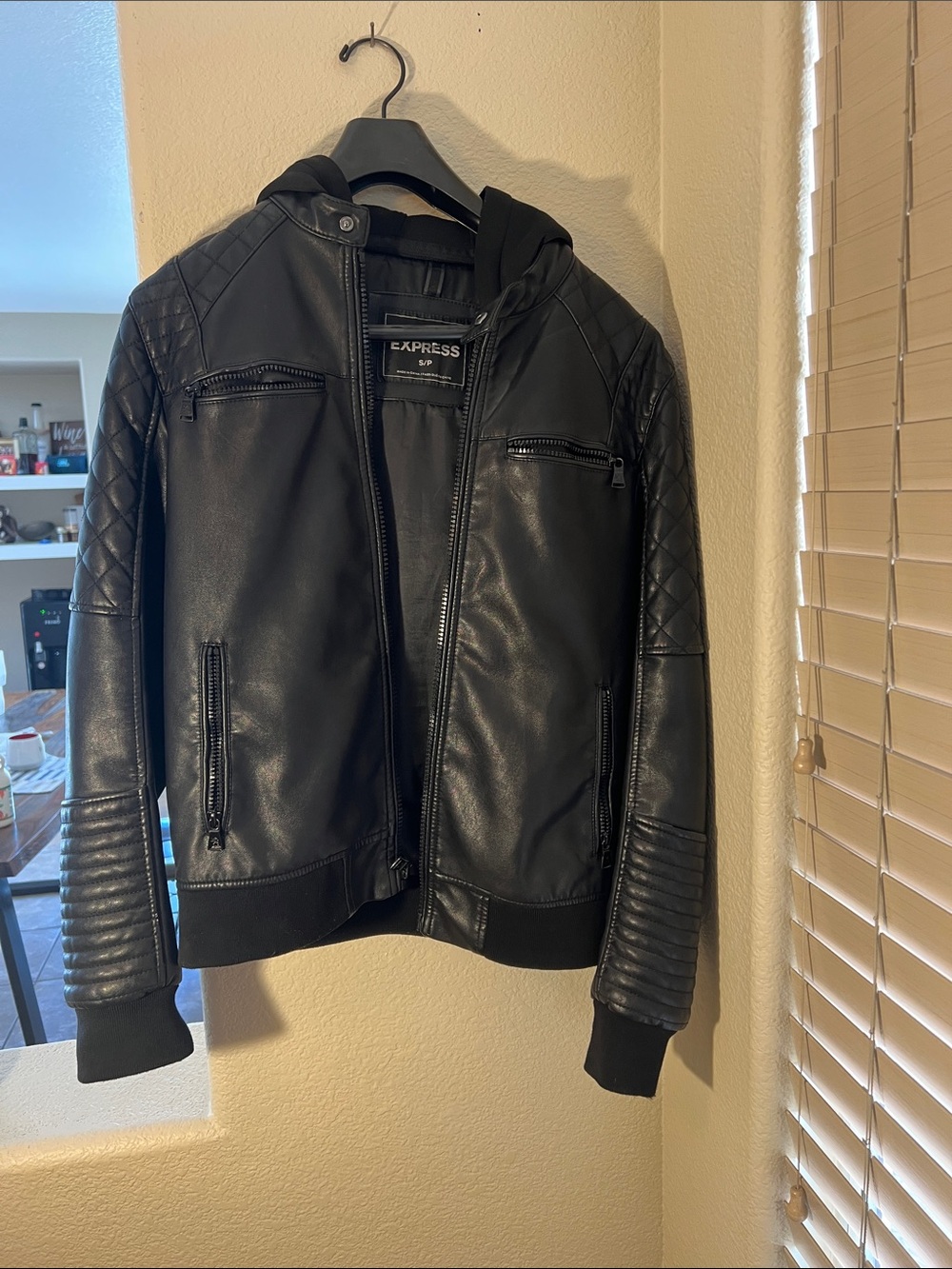 Express Black Quilted Faux Leather Bomber Jacket with Hood
